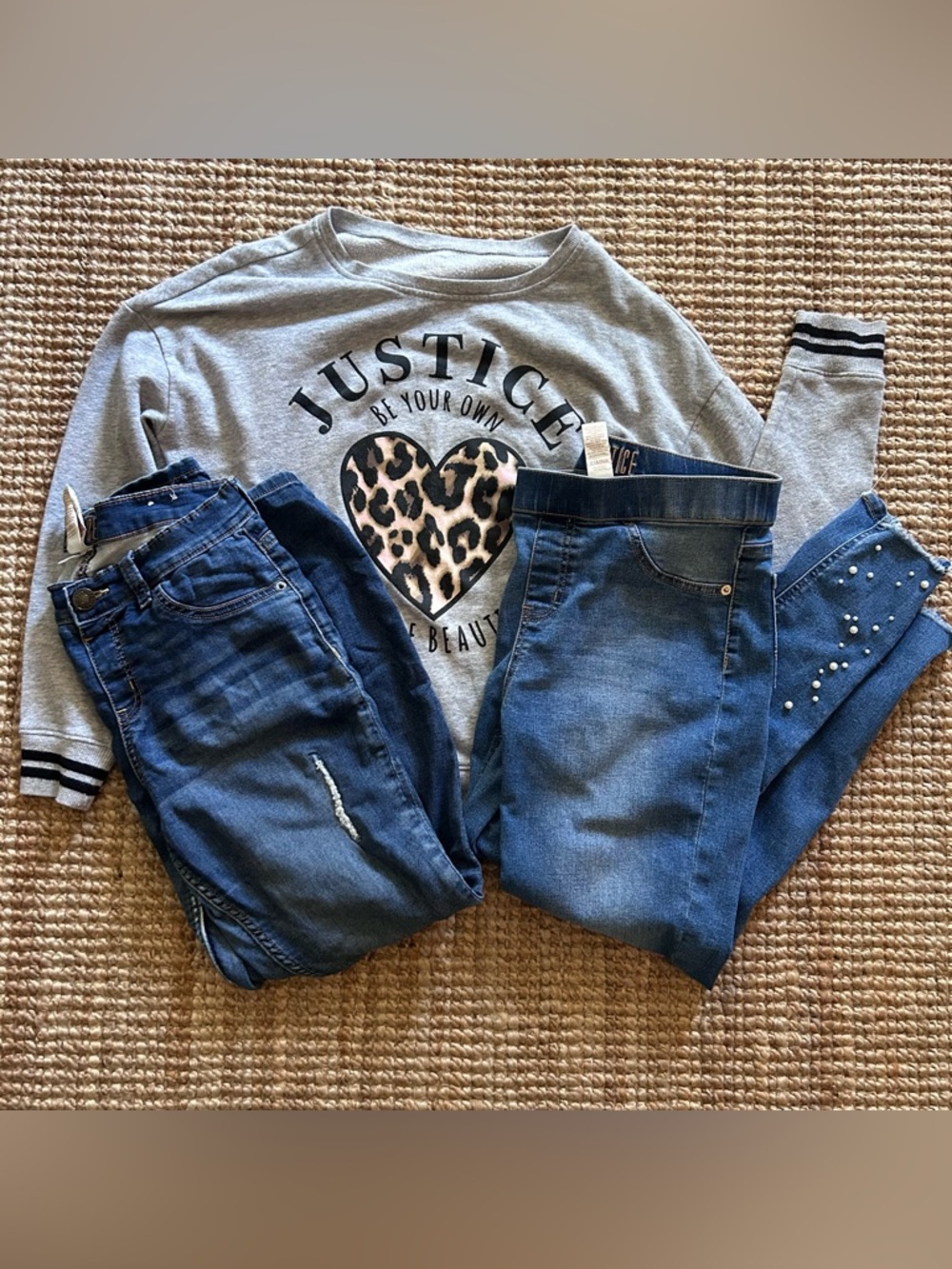 Justice Girls Lot Denim Jeggings Dark & Medium Blue Wash & Gray Sweater 14plus